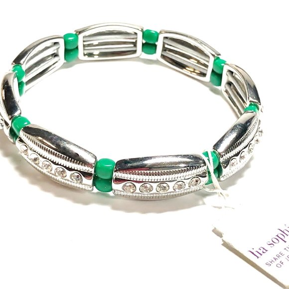 Lia Sophia Bracelet Island Fiesta Jaguar Color Green Silver Crystals Stretch NWT - Picture 1 of 6